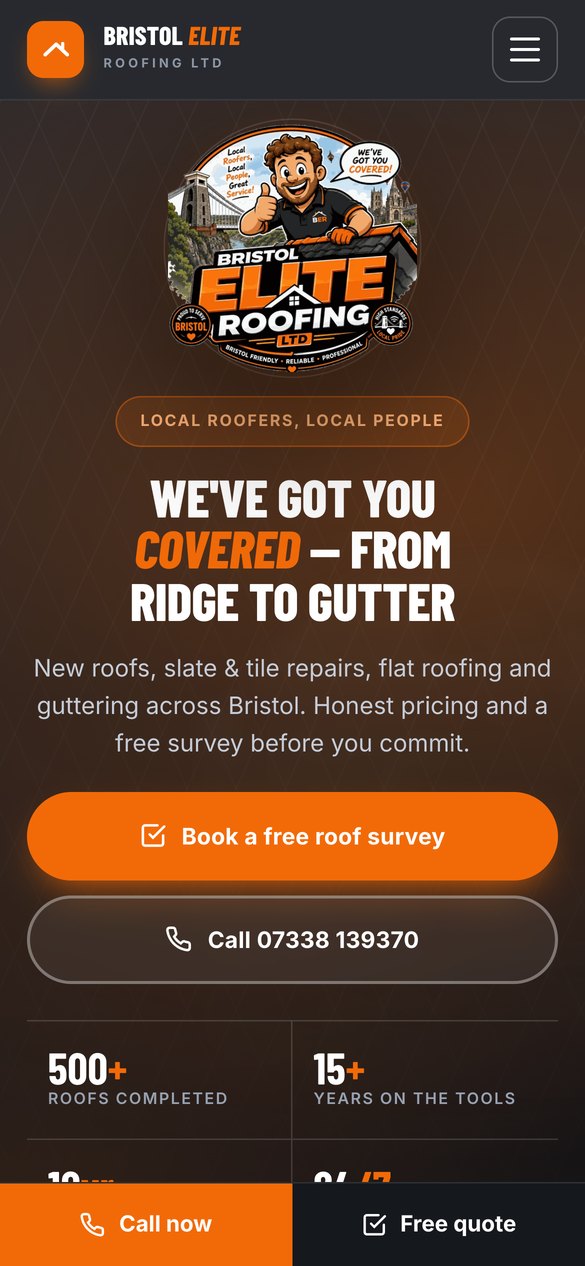 Bristol Elite Roofing website on a phone